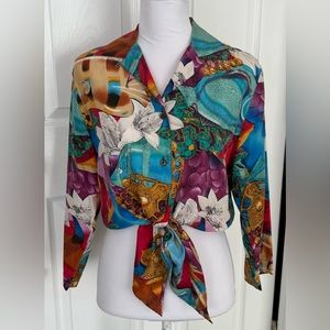 Rafaella Vintage Silk Button Down Print Blouse- Size Small